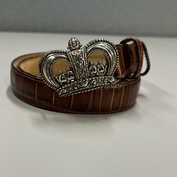 Brighton Vintage Silver Crown Buckle Mock Croc Brown Leather Waist Belt M/L - Picture 6 of 15